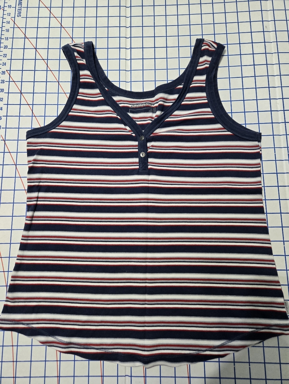 Eddie Bauer Navy, White & Red Striped Henley Tank